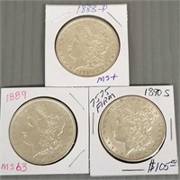 3 U.S. Morgan silver dollars - 1888 P, 1889 P &