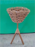Three Legged Wood And Wicker Plant Stand