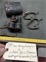 Pair antique cowboy spurs + L. Petit binoculars