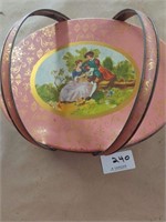 Pink Oval Tin Decorated Sewing Box