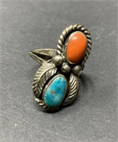 Sterling silver, turquoise, coral ring