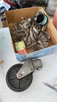 Large Wheel (Possibly for a trailer Stand), Rope,
