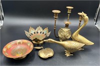 MCM Brass Ducks, Owl, Candle Sticks & Bowls