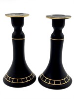Pair of Black Satin Glass Candlesticks with Gold