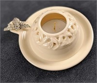 Porcelain tea candle holder with a pewter Bee crea