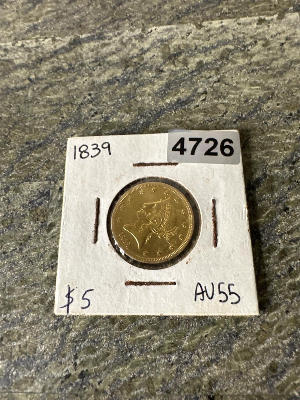 1839 Gold $5 Dollar Half Eagle Coin