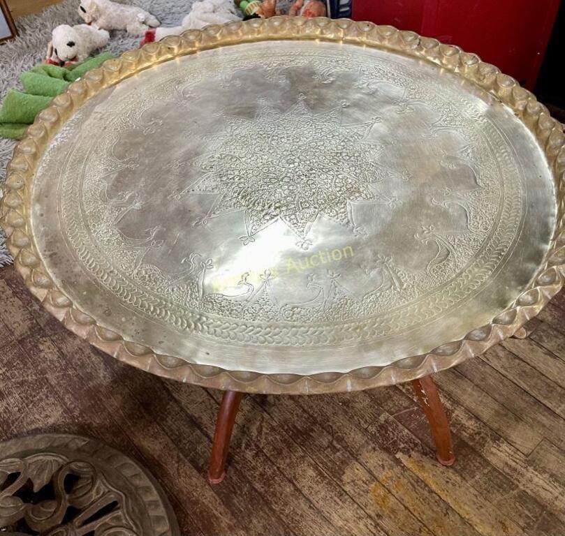 LARGE INDIAN BRASS TOP FOLD OUT BASE TABLE