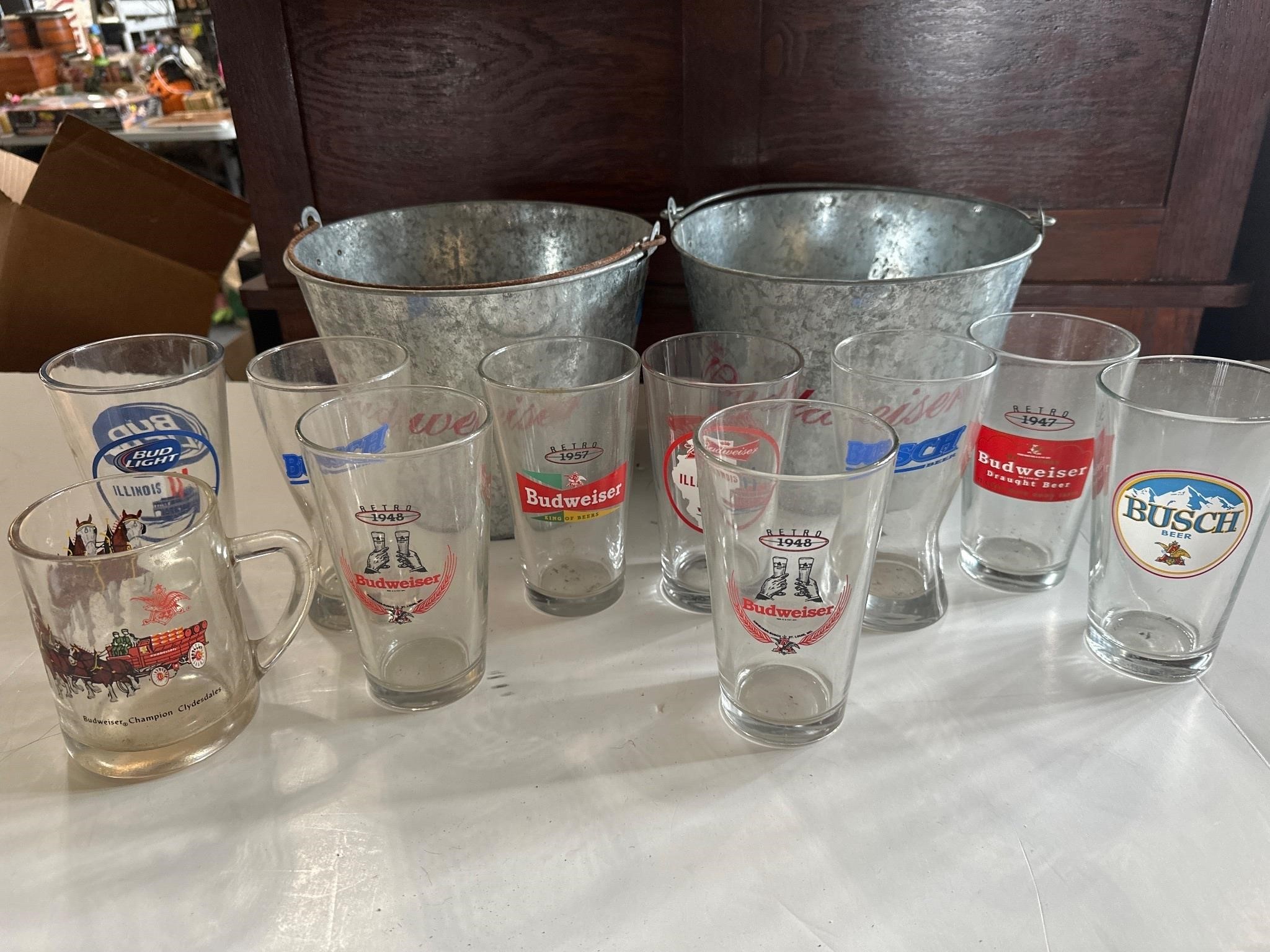 Budweiser buckets with beer glasses