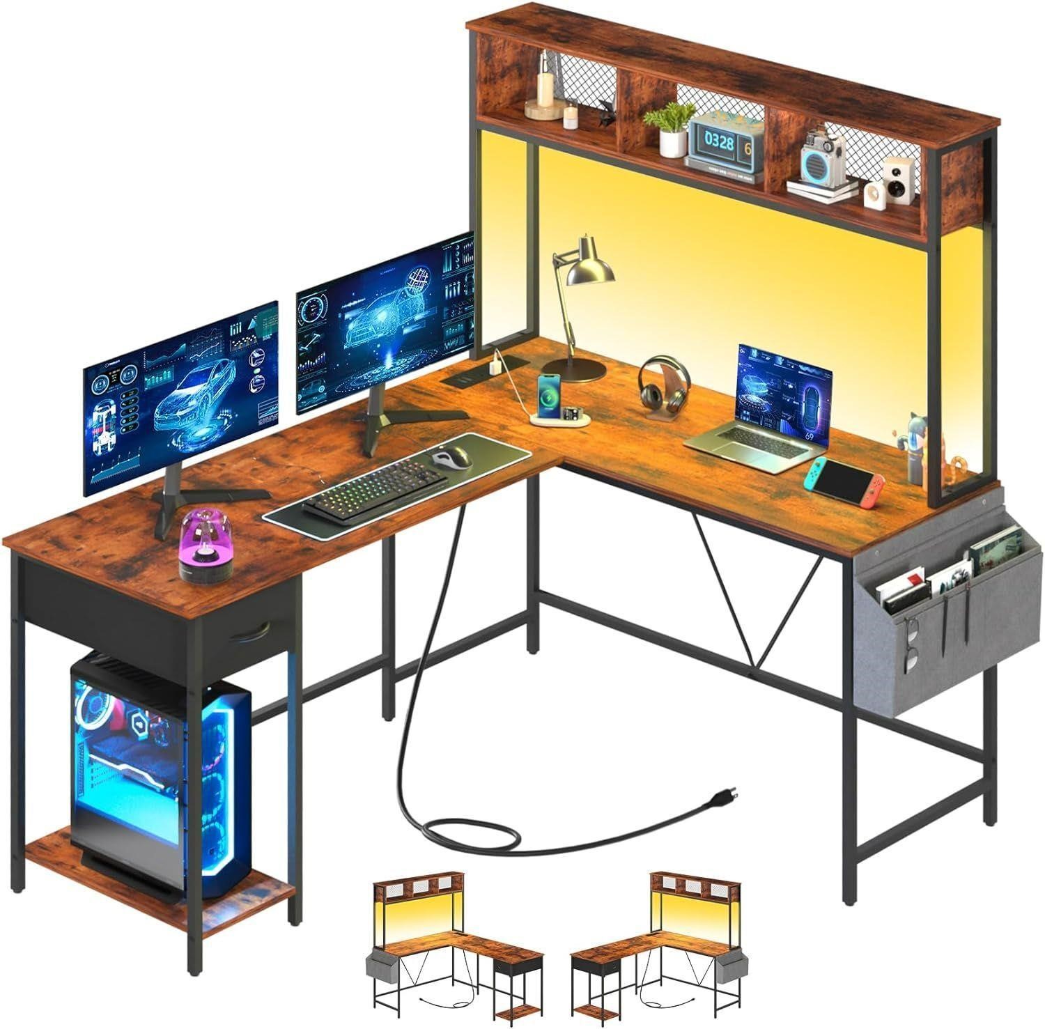 Desk with LED Strip & Power Outlet, Rever L-Shaped