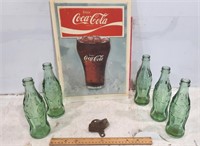 Plastic Coke Sign, Coke Botle Opener, & 5 Green Co