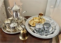 Silverplate coffee set, brass bell, tray,