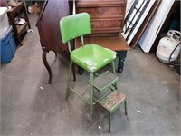 Vintage Green Metal Chair w Built Under Stool