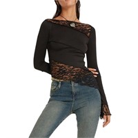 Women Lace Long Sleeve Shirt Top Y2K Slim Fit