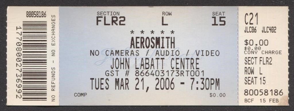 Aerosmith Unused Concert Ticket Stub