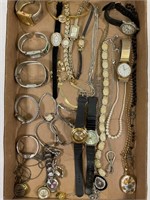 FLAT OF ESTATE JEWELRY WATCHES, NECKLACES & MORE