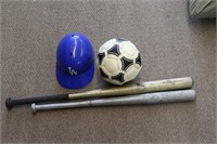 Soccer ball, 2 bats, helmet