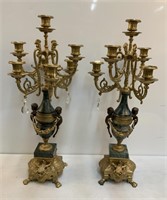 Pair Brass & Marble Candelabras w/Cherubs