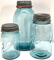 3 Antique Aqua Ball Mason Jars