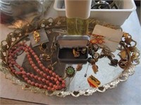 Dresser Tray w/ Costume Jewelry, Pins, Necklace