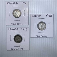 3 Canada Silver Dimes: 1914, 1916, 1932