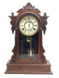 Antique Wood Kitchen Clock with Etched Glass