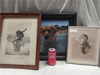 3  framed pieces of art with dogs, Black Labat