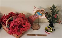 Artificial Poinsettias in Basket, Wood Angel,