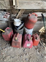 Large assortment of 5 gallon, gas cans, plastic