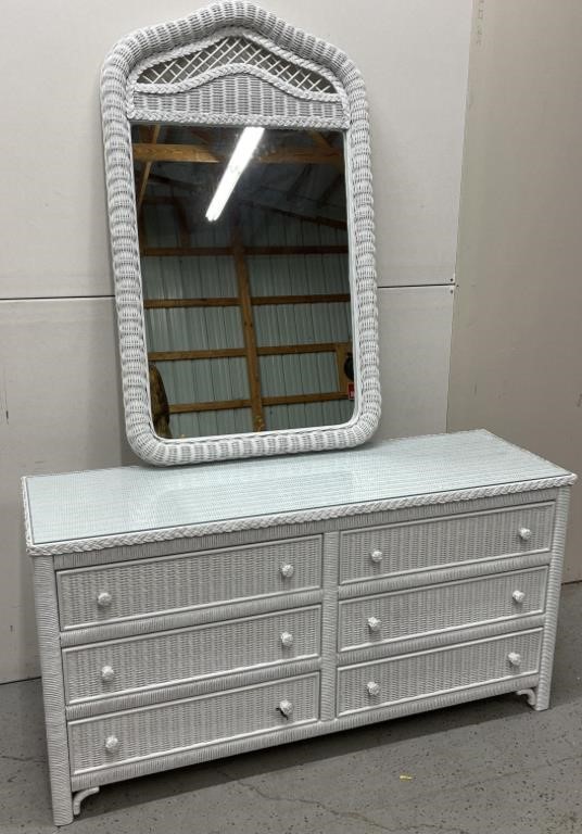 Lexington White Wicker Dresser & Mirror