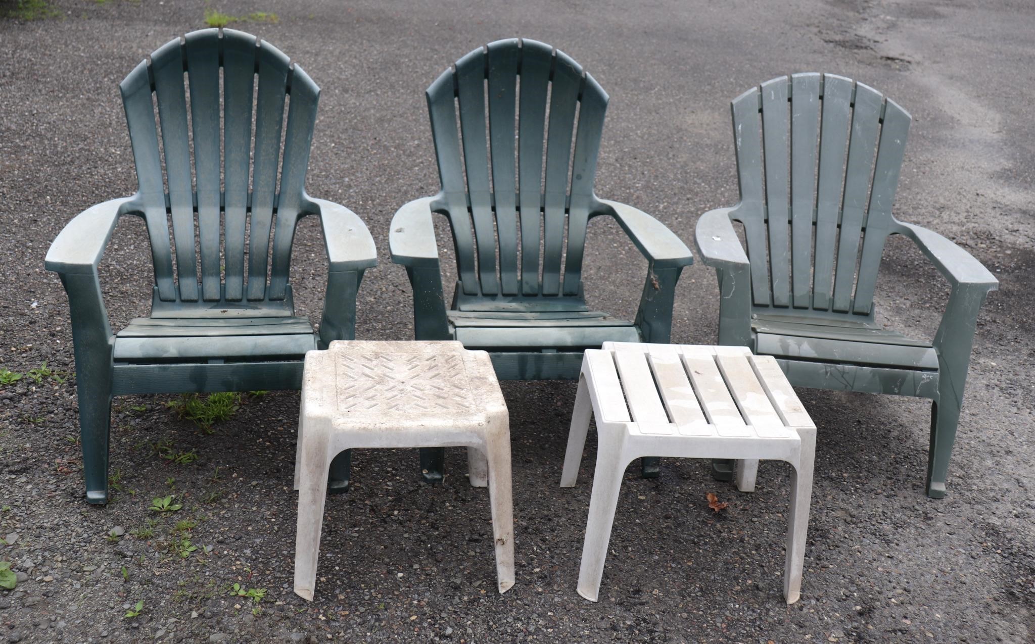 (3) Plastic Patio Chairs & 2 Tables