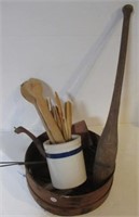 Vintage wood kitchen utensils, flour sifter, etc.