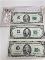 3 1996 $100 Currency Uncirculated Ser# Order