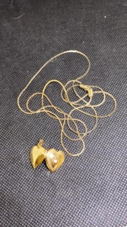 Gold tone chain and heart locket stamped 1/20 14K