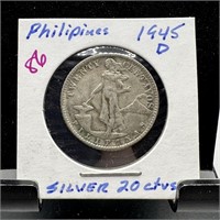 1945-D PHILIPPINES SILVER 20 CENTAVOS