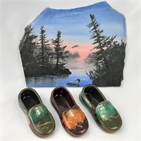Hand painted Cdn slate and 3 souvenir shoes