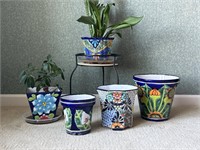 Five Assorted Hand Painted Mexican Flower Pots