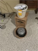 Electric ice cream maker, ice cream pail, + basket