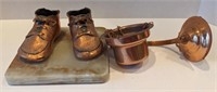 Copper Candle Holder 9" and Baby Shoes and Marble