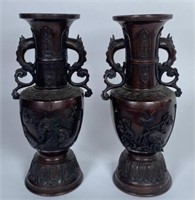 PAIR JAPANESE FIGURAL BRONZE VASES