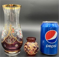 2 Venician Glass Vases - Cranberry & Painted Gilt