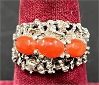 .925 Sterling Silver Modernist Coral Ring Sz 6.5