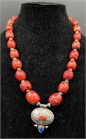 .925 Sterling & Coral Pill Box Necklace w Lapis