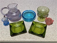 Colored Glass Ashtrays, Pitcher, Cup etc