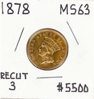 Coin 1878 $3 United States Gold Rare!