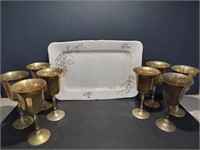 Vintage Square Serving Tray and 8 Brass Goblets
