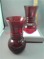 2 Anchor Hocking red glass vases Harding style -