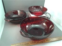4 red Anchor Hocking glass bowls - 8" has small