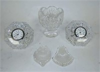 (5) Waterford Crystal Clocks, Ornaments, Vase