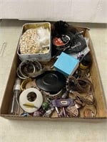 Large box with assorted costume jewelry and more!
