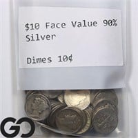 $10 Face Value Bag of 90% Silver Dimes